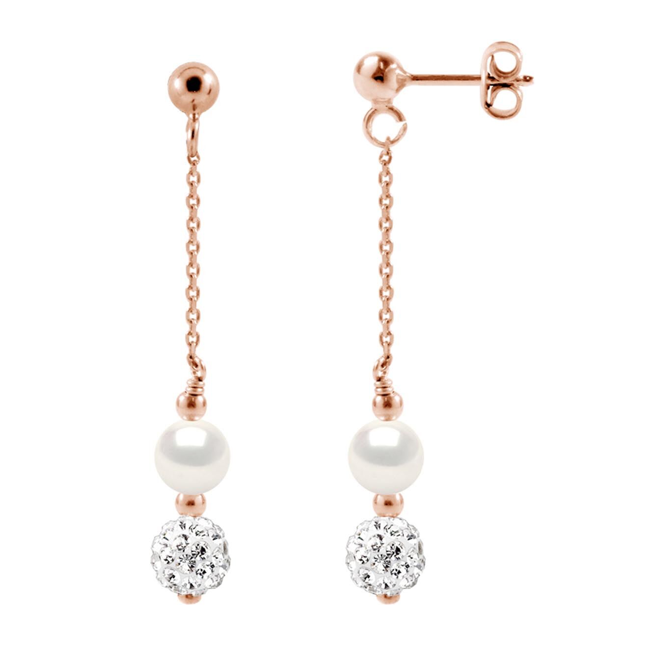 Mitzuko Boucles d'Oreilles Argent plaqué Or Rose, Cristal & Perles d'Eau Douce traversantes rondes blanc naturel