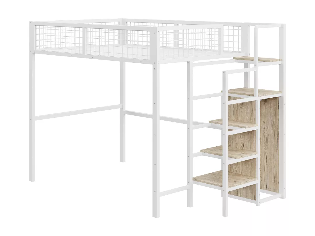 Lit mezzanine enfant 140x200 cm avec structure en fer - avec échelle de rangement et une penderie - Blanc