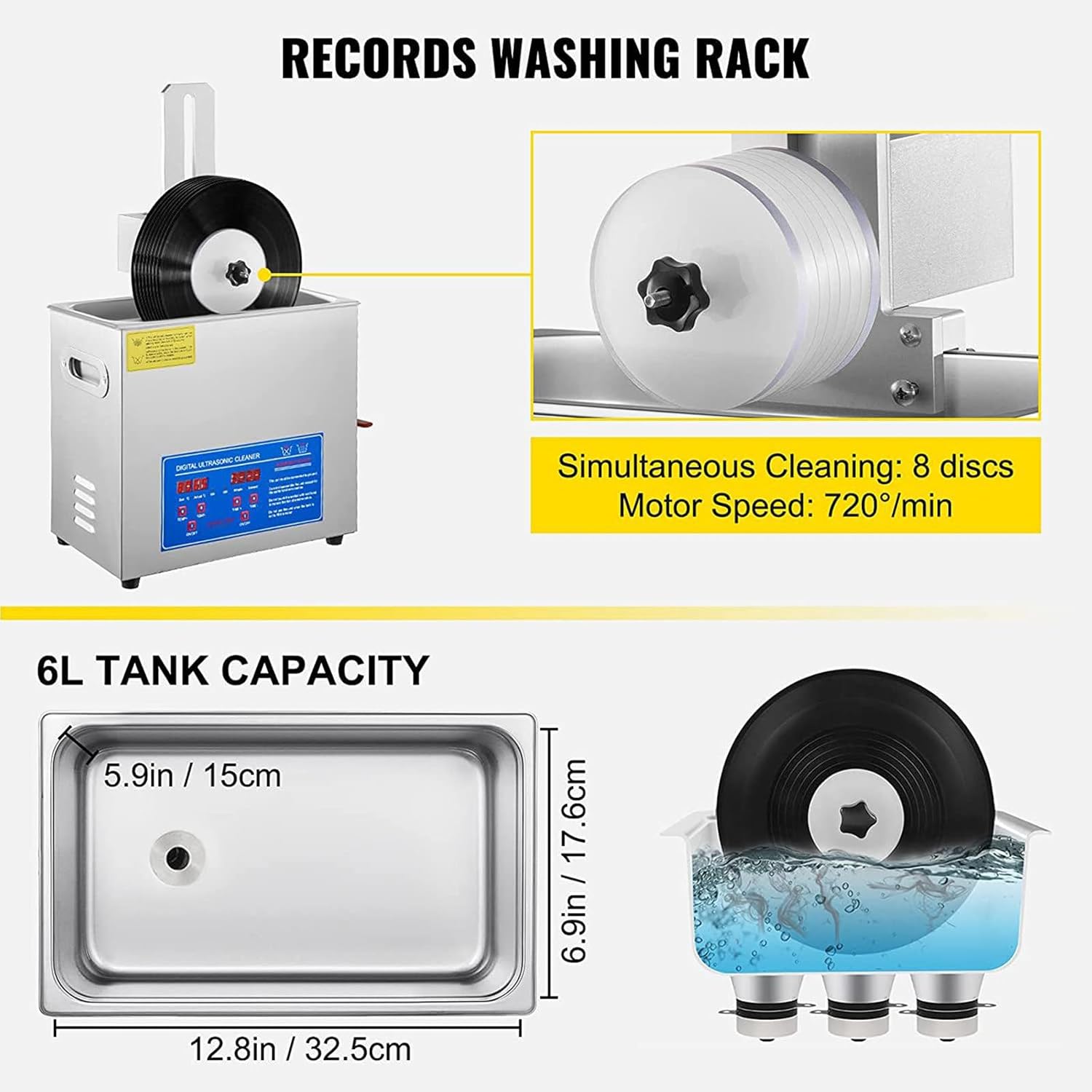 Ultraschall-Schallplattenreiniger, Ultraschallreiniger 6l Ultraschall-Schallplattenreiniger 7-12 Zoll 8 Schallplatten Ultraschall-Schallplattenreinigungsmaschine 180W Ultraschall-Schallplattenreiniger