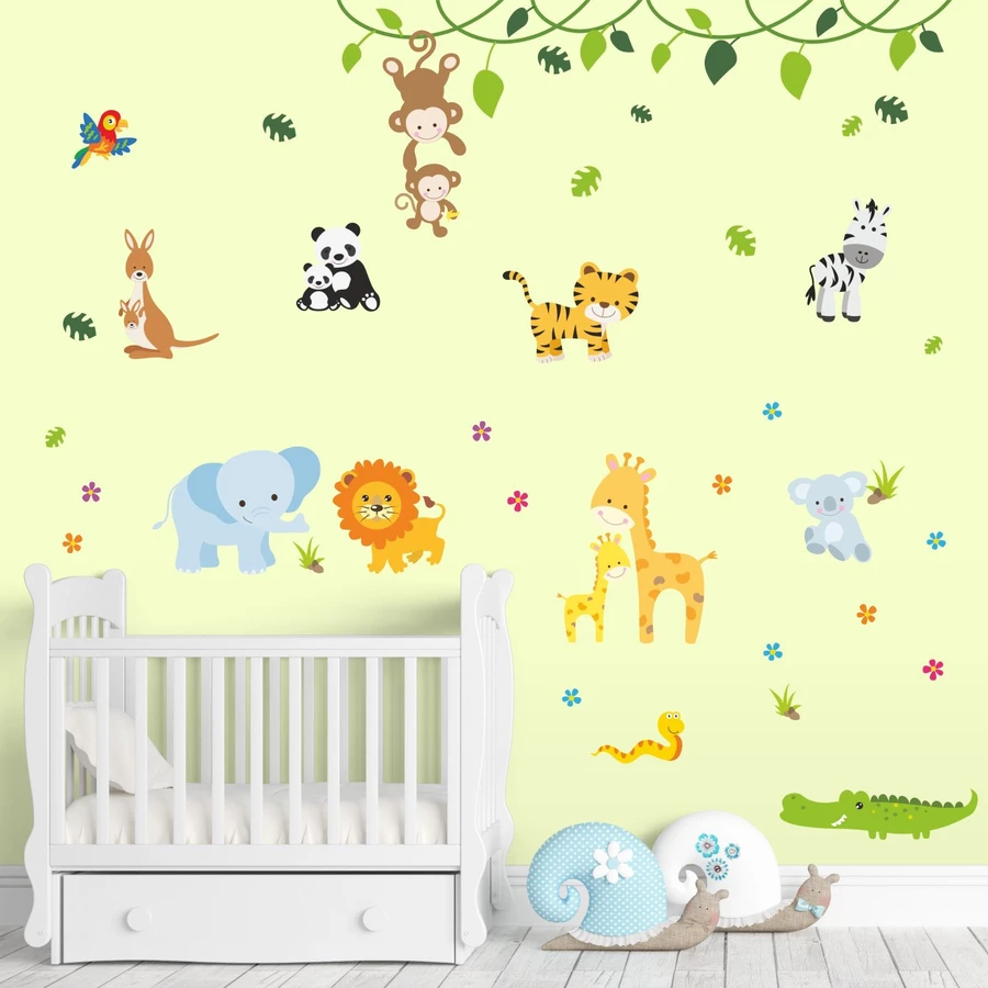 Nikima Wandtattoo 013 Wandtattoo Baby Tiere modern Zoo Löwe Elefant Giraffe Affe Zebra Krokodil bunt