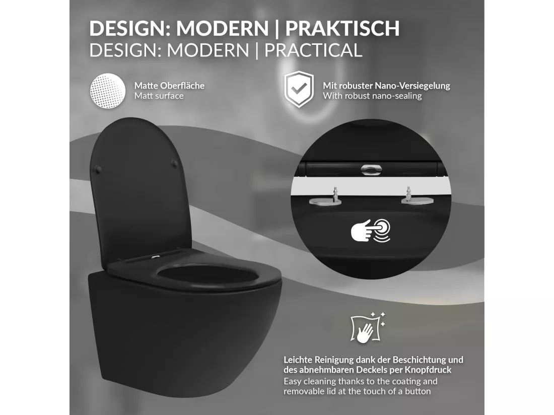 WC suspendu court nano chasse d'eau tornado noir avec siège toilette Softclose