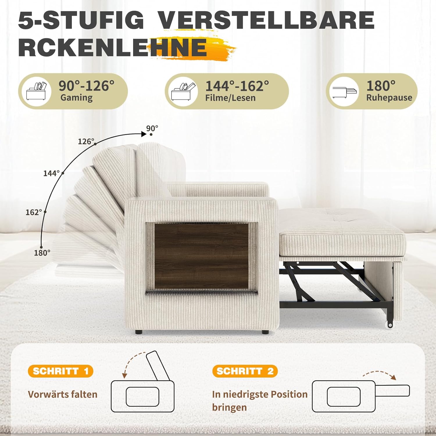 YOUDENOVA Sofa mit Schlaffunktion, Schlafsofa mit 5-stufig Verstellbarer Rückenlehne, Schlafcouch mit Bettfunktion, Couch mit Tisch & Seitentasche, 2 Sitzer Sofa Bed 177x135 cm, Cord Beige