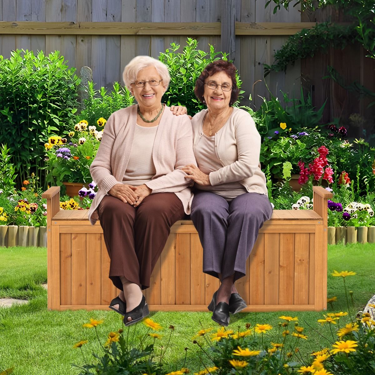 Banc de Rangement en Bois Banc d'Extérieur à 2 Places de 209 L avec Accoudoirs Coffre de Stockage en Bois Charge 100KG Naturel - Lidl-Manfred