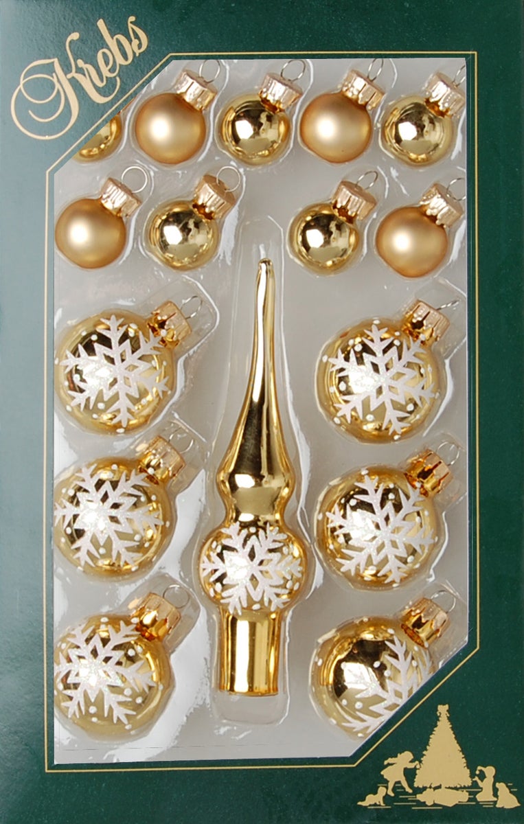 Gouden mini glazen decoratieset, 2cm en 3cm ballen, 12cm spike, met de hand versierd, 16 stuks, kerstballen, kerstversieringen, kersthangers