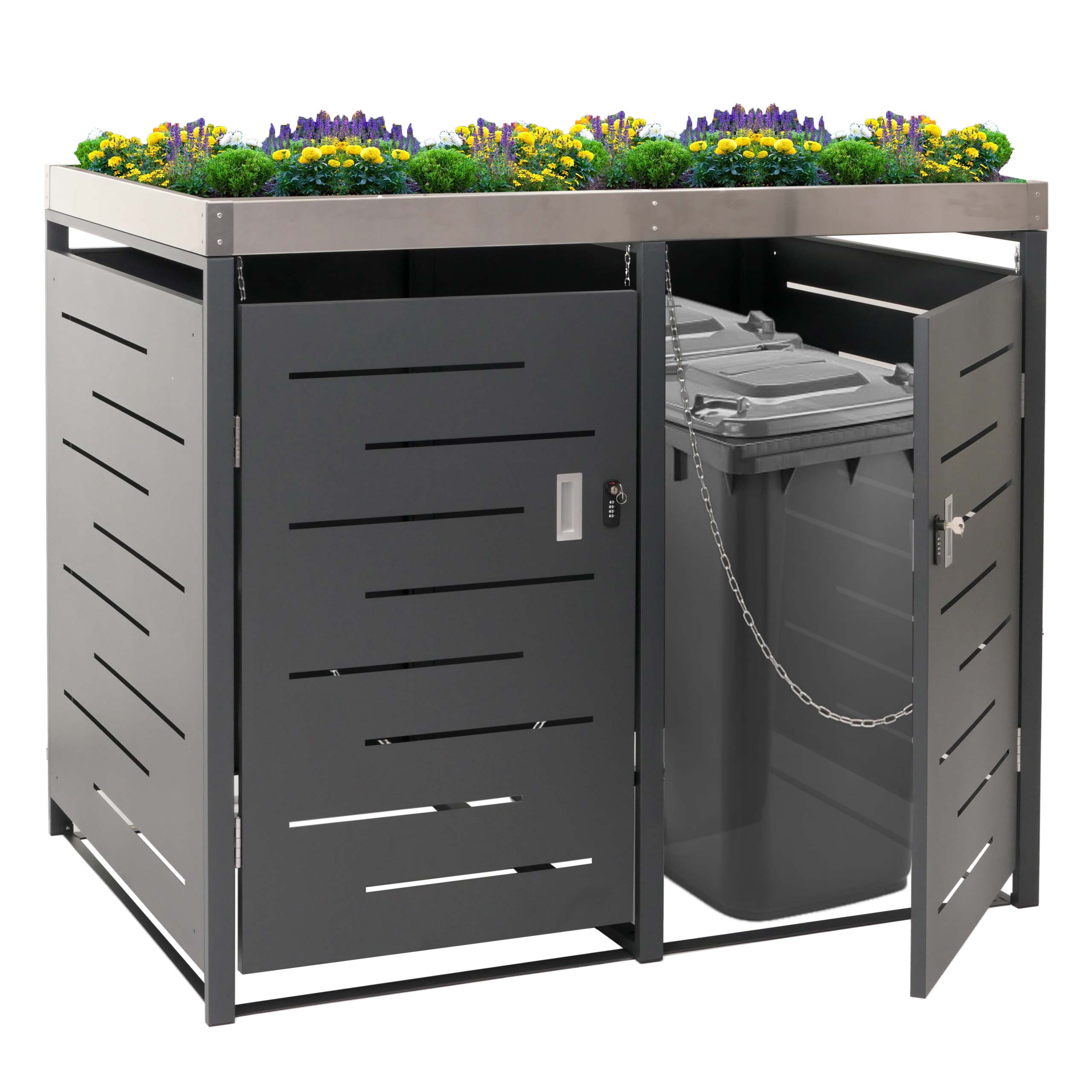XL 2er-/4er-Mülltonnenverkleidung MCW-H40, Mülltonnenbox, Pflanzkasten Edelstahl-Metall 63kg 125x140x102cm erweiterbar