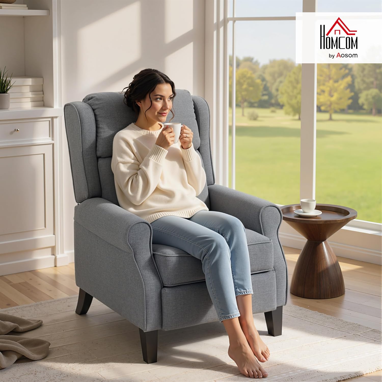 HOMCOM 132° max Reclining Armchair mit Fußstütze und Taschenfedern, Polstersessel in Leinenoptik, Stahl und Holz, 74x84x102 cm, Grau