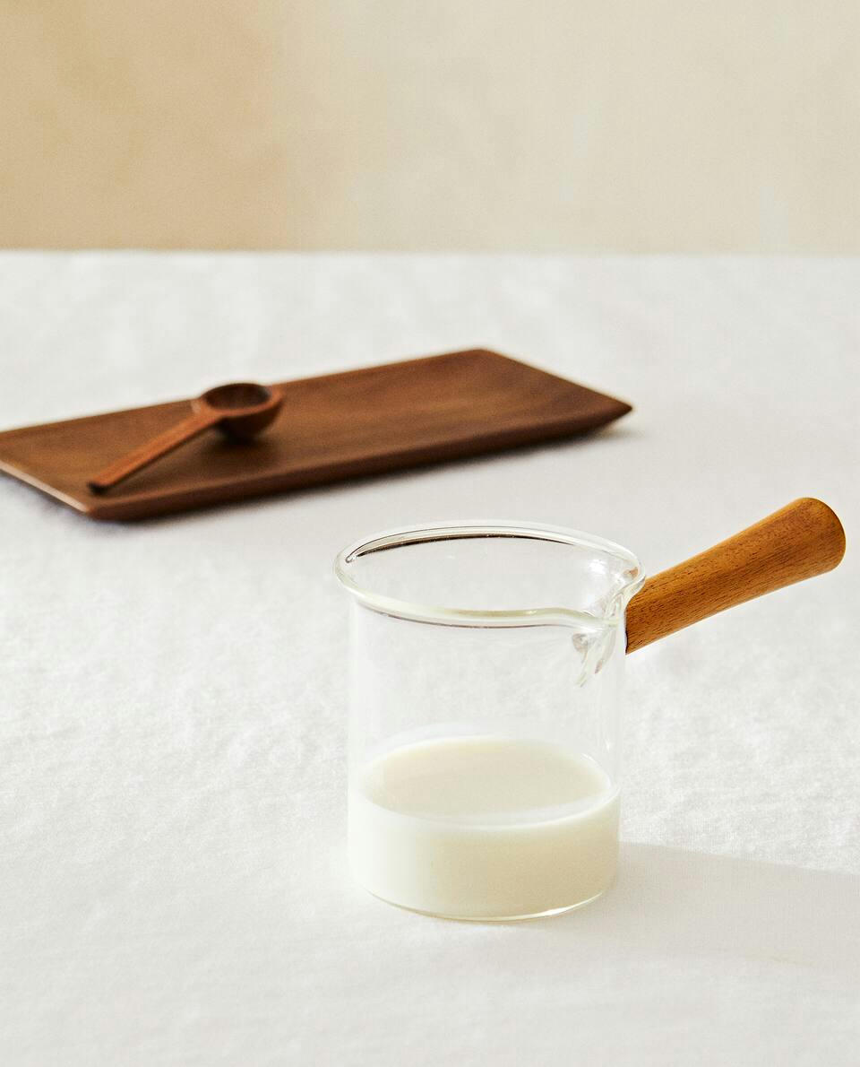 JARRA DE LEITE DE VIDRO BOROSILICADO E MADEIRA