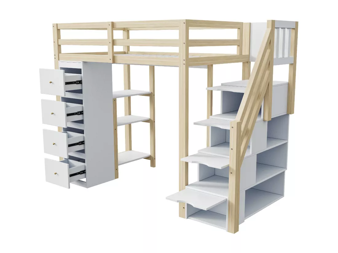 Lit mezzanine 90x200cm en bois massif - avec 4 tiroirs et escalier de rangement - Naturel (matelas non inclus)