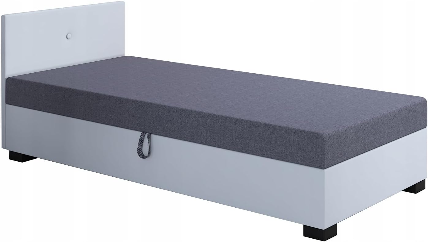 Boxspringbett Lola 110x200x38 cm mit Schaumstoff Matratze, Bett mit Matratze, Polsterbett mit Bettkasten, Gepolstertes Einzel Bett, Schlafsofa - Weiß mit Grau