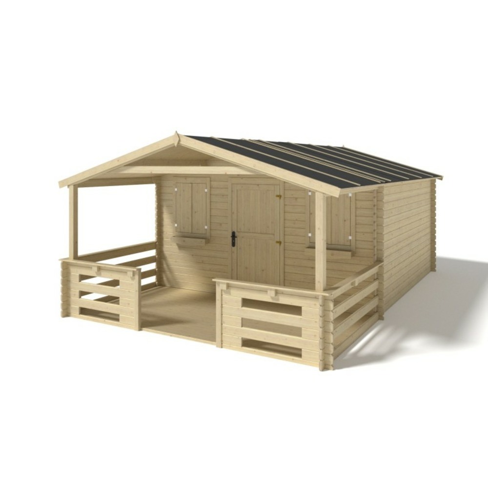 Abri de jardin en bois - 4x4 m - 24 m2 + terrasse avec balustrade et avant-toit en bois