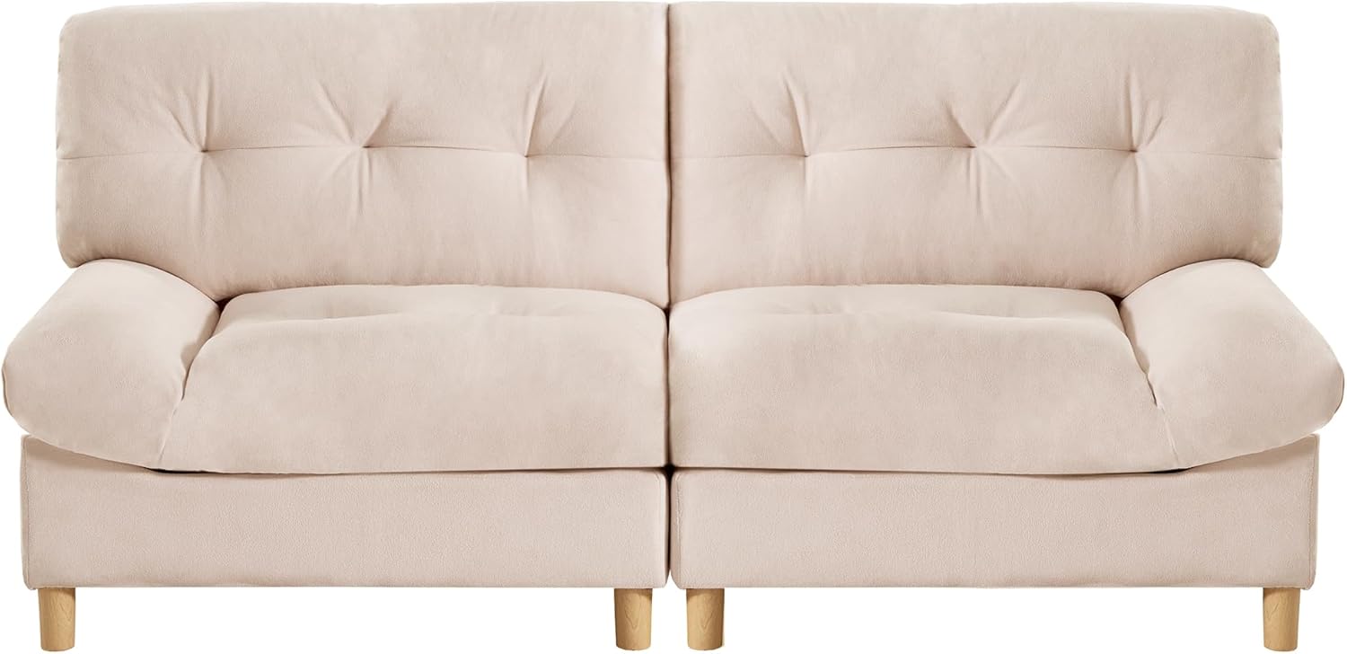 Luxuriöses Sofa in Wolkenform, 201cm Bequemes Teddy-Samtstoff Sofa mit großen Sitzkissen und Rückenlehne, Modernes Polstersofa, Getuftetes Kleine Couch für Wohnzimmer/Schlafzimmer/Büro/Wohnung, Beige