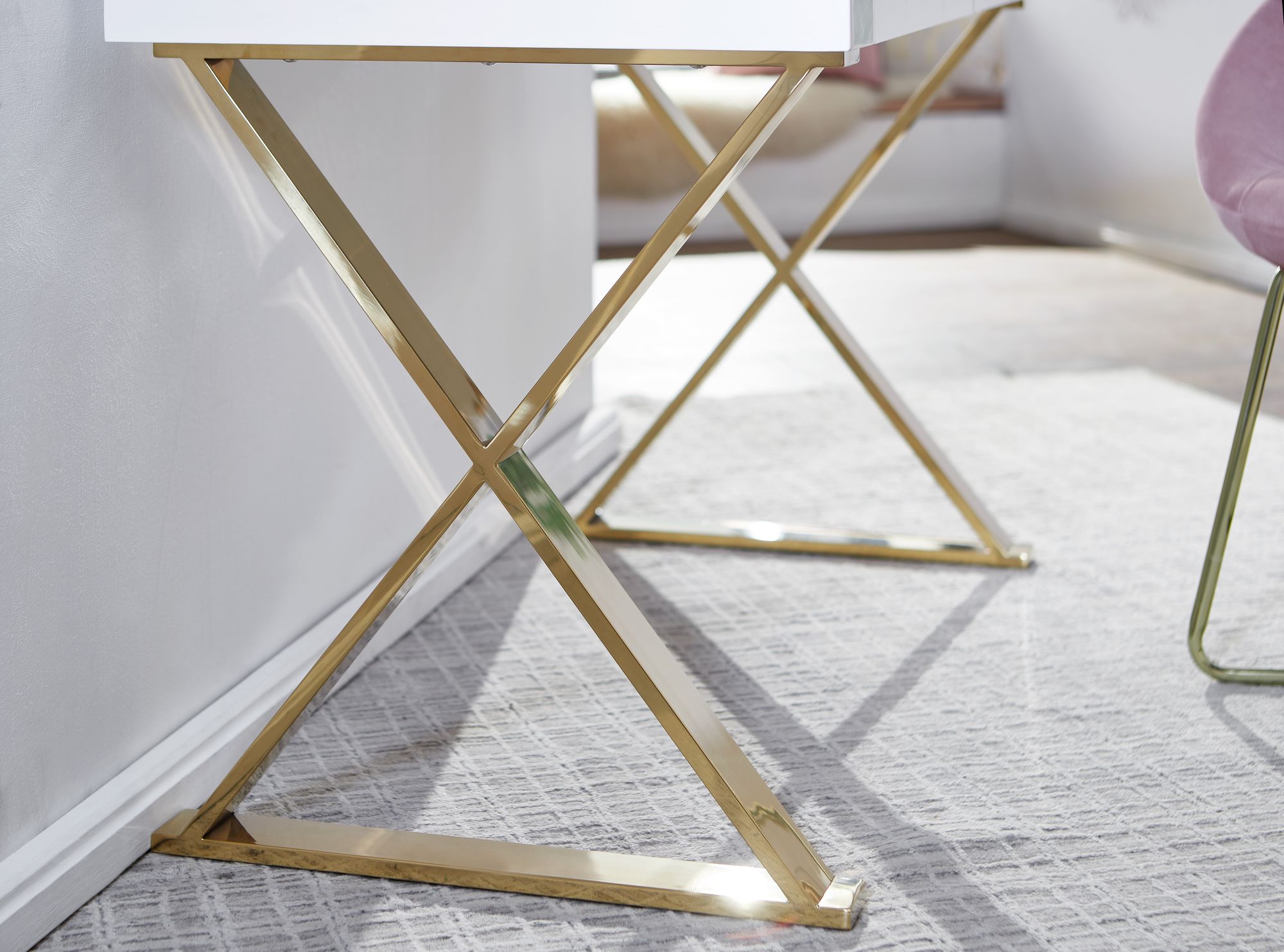 FineBuy Schreibtisch Hochglanz Weiß Gold 118 cm Holz Computertisch Tisch Büro
