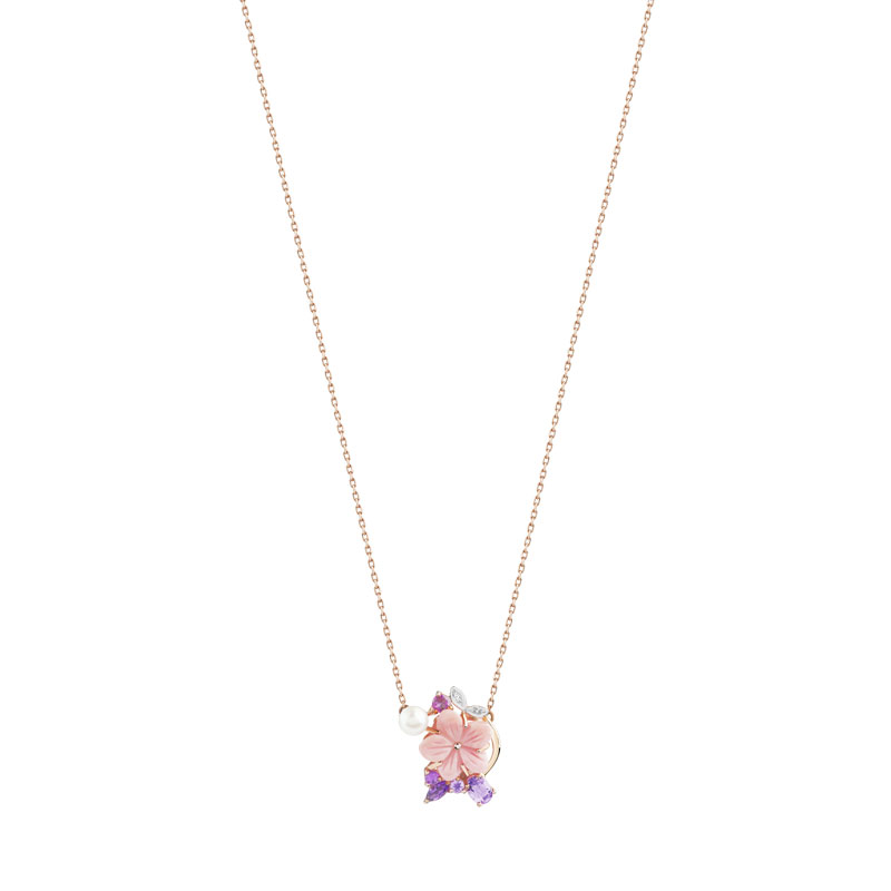Collier or 375 rose fleur pierres précieuses et fines perle de culture de Chine et nacre 45 cm
