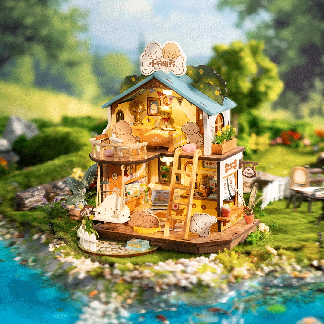 (230-tlg. Set) Rolife Modell Bausatz DIY Miniatur Haus mit Licht Home Deko für Erwachsene (DG169) - Puppy’s Cozy Villa