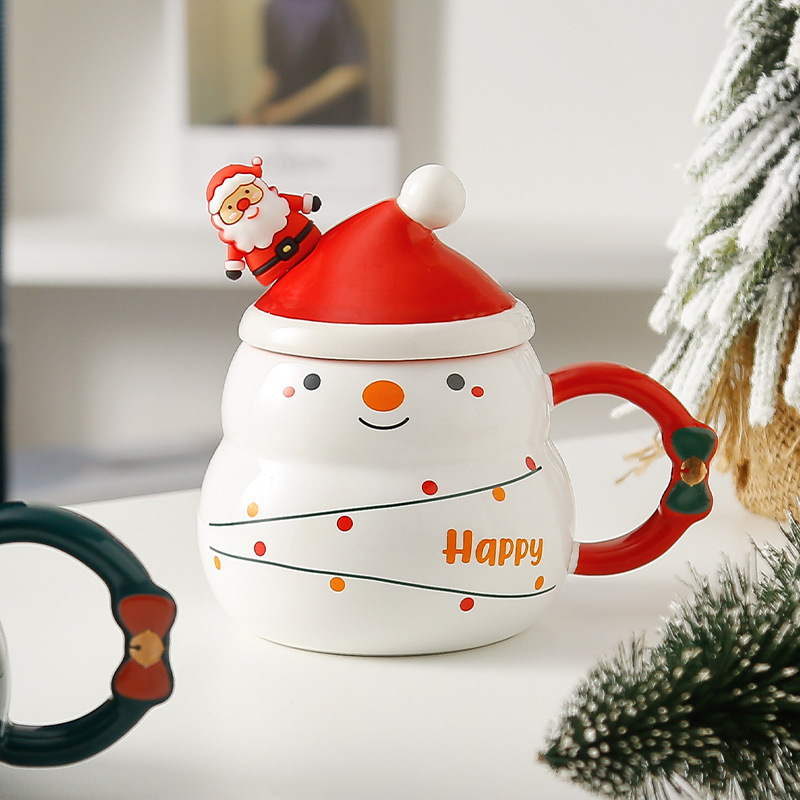 (3-tlg. Set) Keramik Kaffee Tasse Winter Home Tee Cup mit Deckel   Löffel - Schneemann