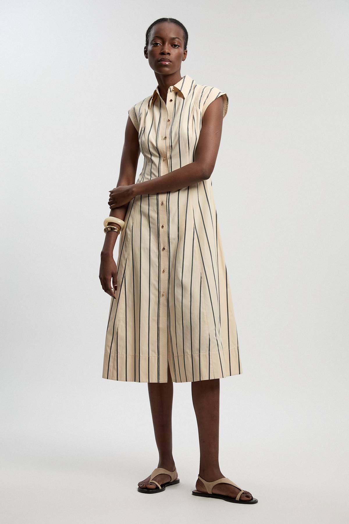 KarenMillen Robe Chemise Midi Tissée En Coton À Rayures Mono Avec Surpiqûres Petite Taille