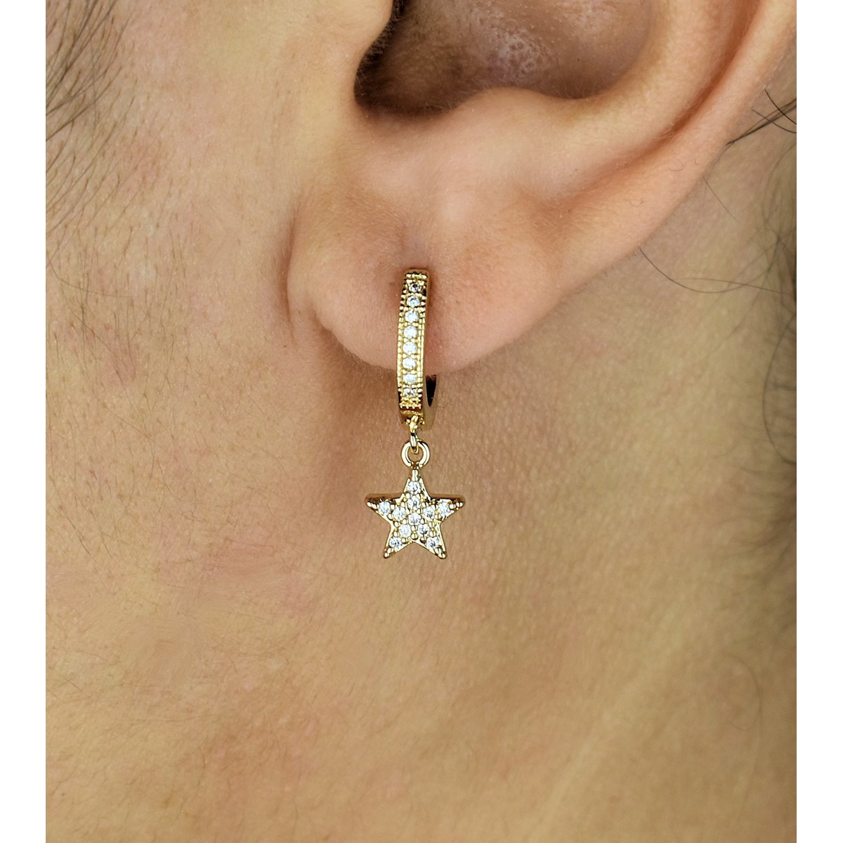 Boucles d'oreilles Mini Créoles étoile oxyde de zirconium pendante Plaqué or 750 3 microns