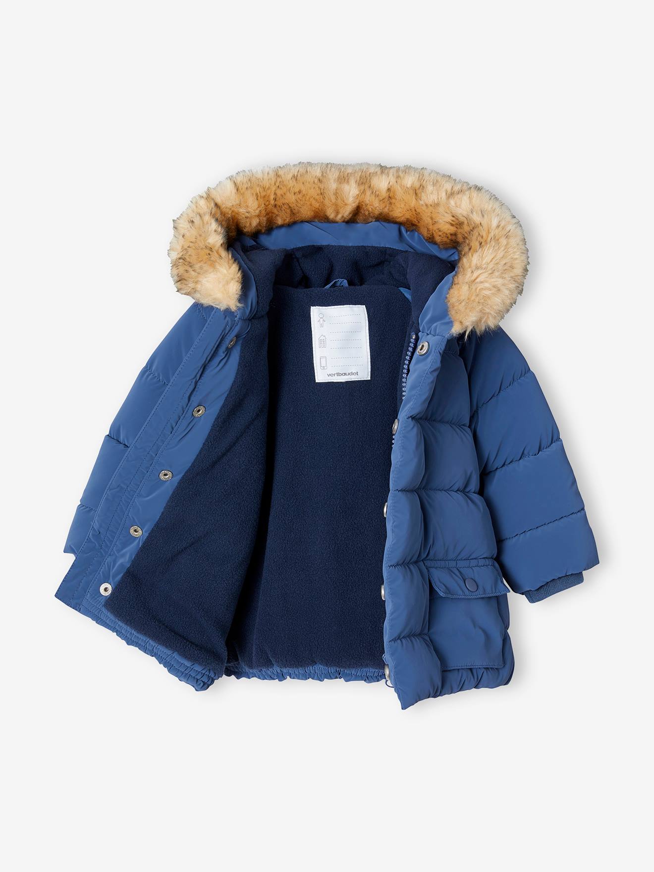 Jaqueta acolchoada e forrada com capuz para bebê na cor azul índigo