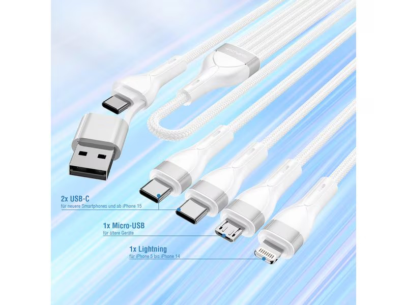 (1.2m) 15W 4in1 USB C / USB A auf 2x USB C / Lightning / Micro USB Ladekabel Nylon Datenkabel Power Delivery (541024) - Weiss