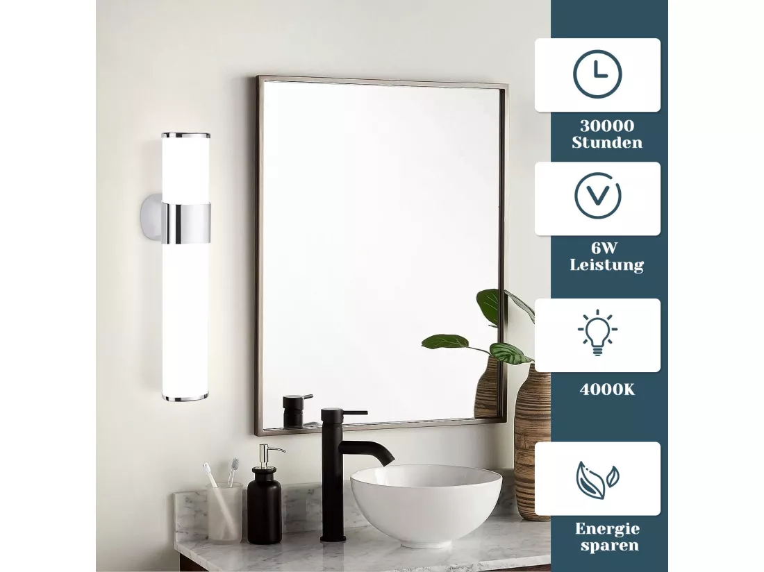 NETTLIFE Applique LED salle de bain，Lot de 2，Lampe de miroir de salle de bain à LED - Chrome moderne 6W 30CM étanche IP44 blanc neutre 4000K
