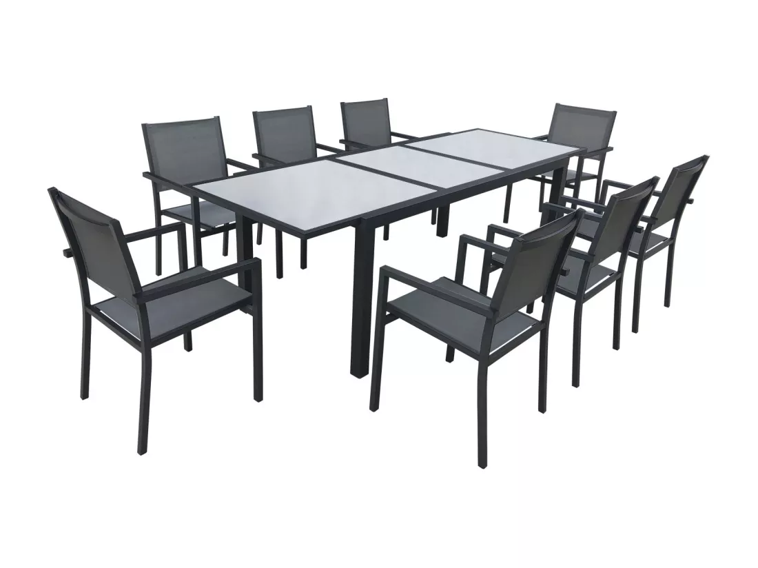 Salon de jardin FIRENZE extensible en textilène gris 8 places - aluminium anthracite - HAPPY GARDEN
