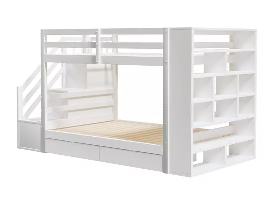 Lit superposé 90 x 200 cm avec escalier de sécurité et rangement tiroirs grands casiers clôture haute sommier à lattes en Pin Blanc