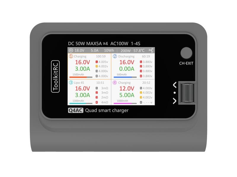 ToolkitRC Quad-Ladegerät Q4AC XT60 100W, 1-4S Modellbau Ladegerät mit 4 Anschlüssen
