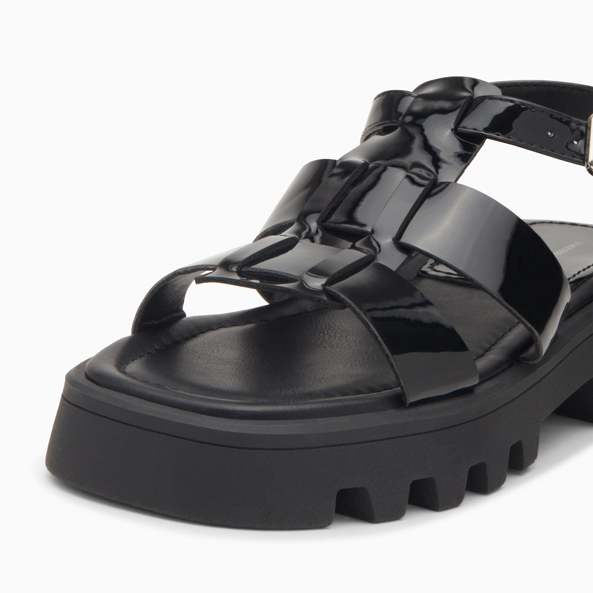 Sandales plates-Sandales Edmée noir verni à plateforme crantée