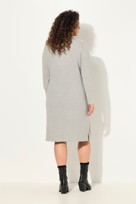 Rippjersey-Midikleid, Zipper, A-Linie, V-Ausschnitt, Langarm