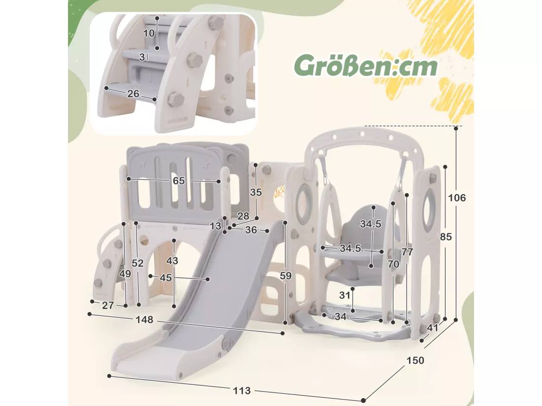 Toboggan 7 en 1 pour enfant, avec balançoire, plate-forme, zone de rangement, arcade, panier de basket, escalier, PEHD, gris+blanc