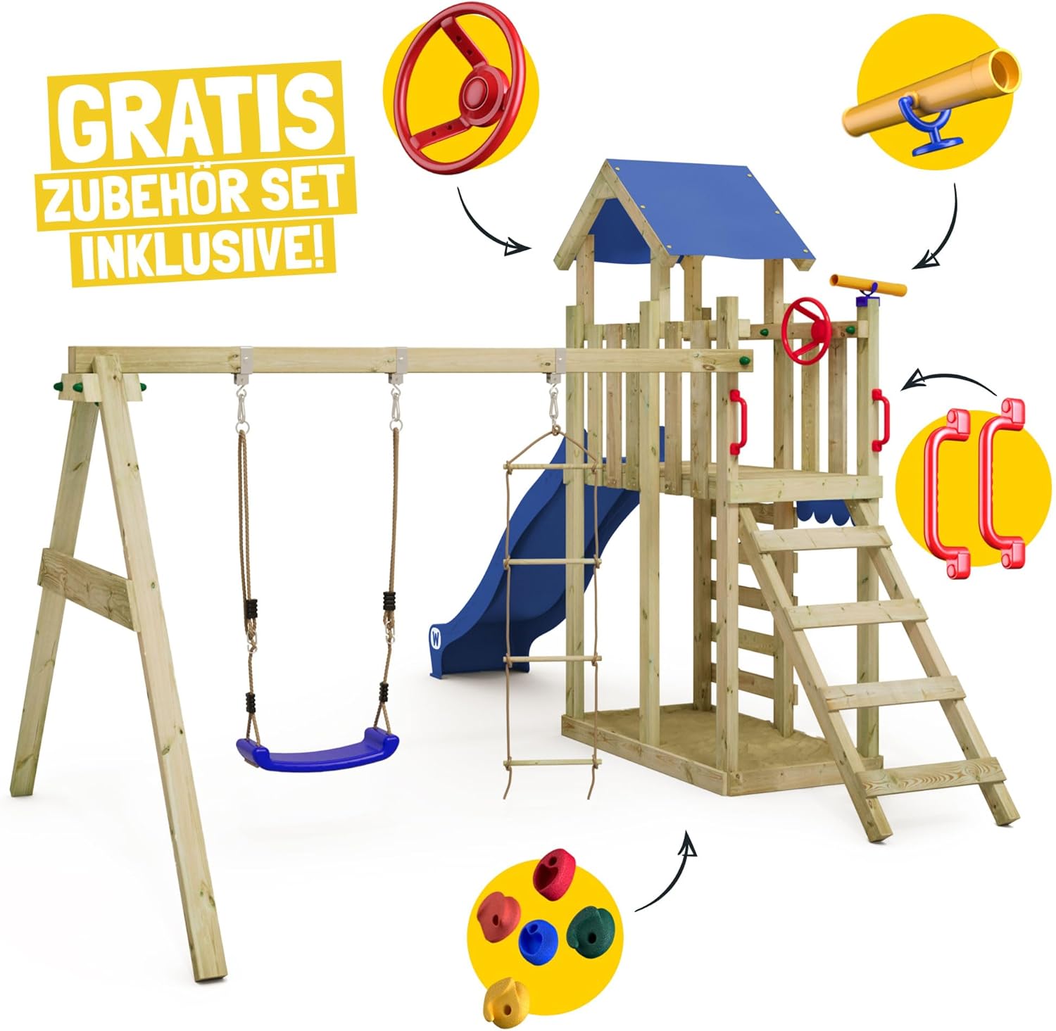 Wickey Spielturm Klettergerüst MultiFlyer Light, Schaukel & Blauer Rutsche, Outdoor Kinder Kletterturm mit Sandkasten, Leiter & Spiel-Zubehör für den Garten