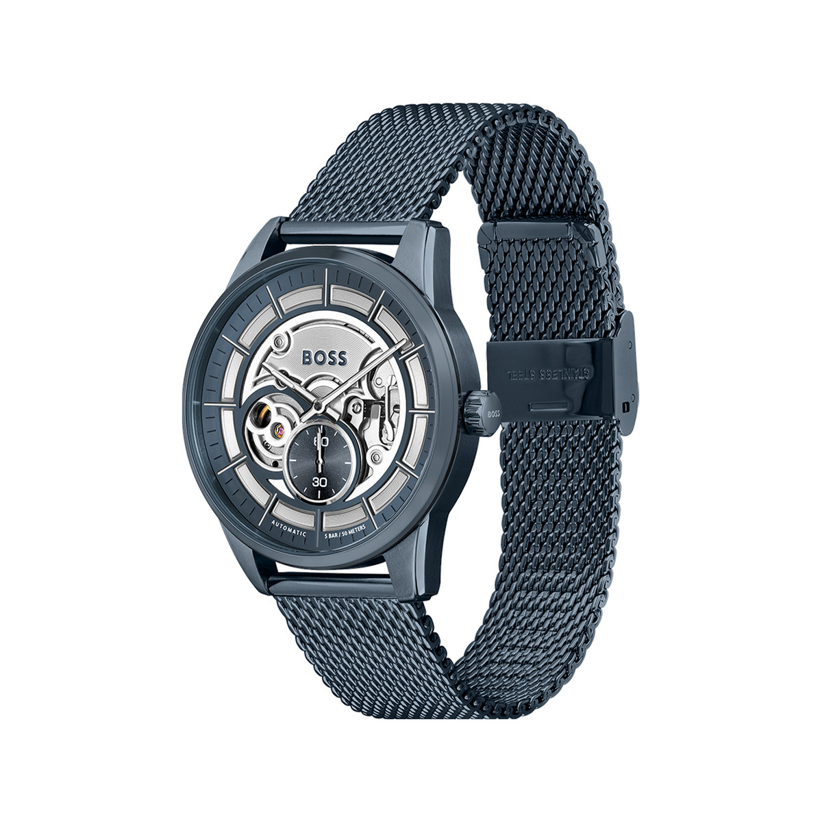 Montre BOSS sport lux homme automatique, bracelet acier bleu