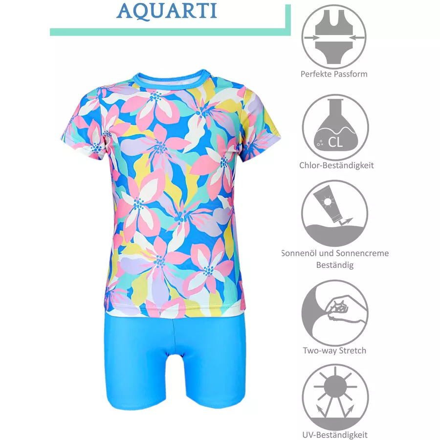 Aquarti Baby Mädchen Zweiteiler Badeanzug Bade-Set Bade T-Shirt Badehose blaugelb