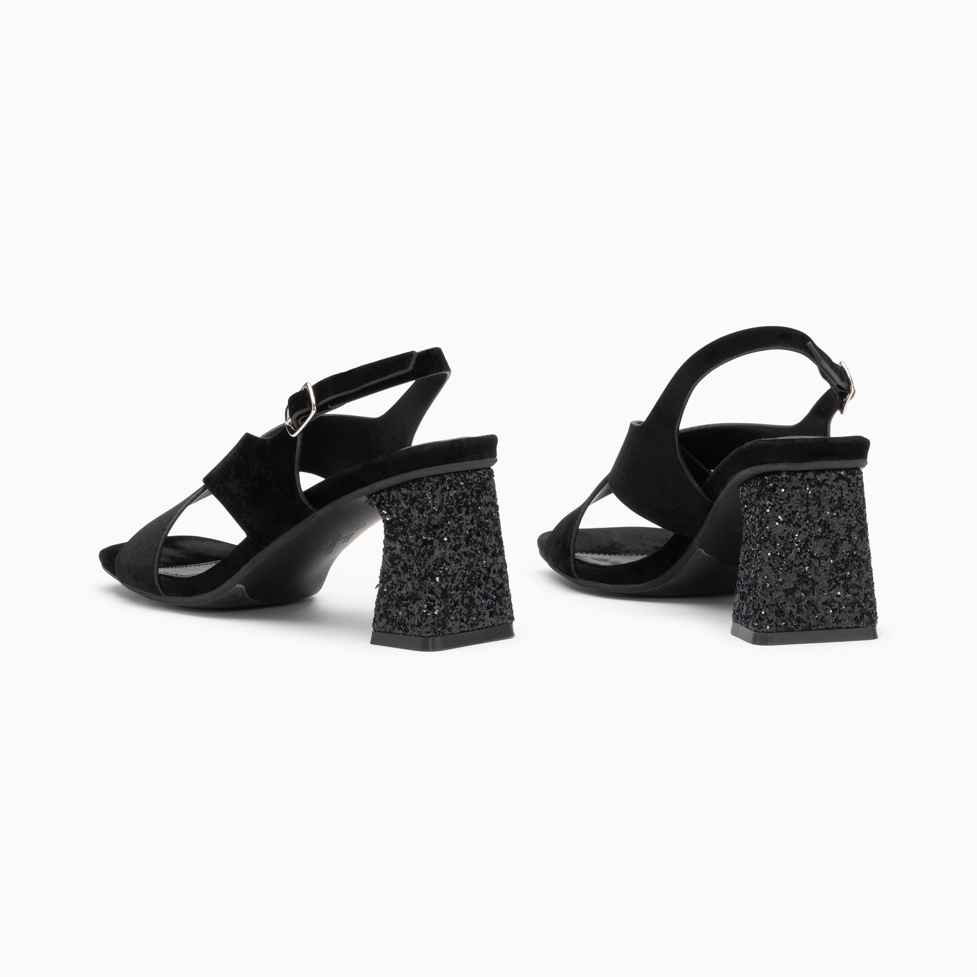 Sandales à talon, Compensées-Sandales Milan noires à brides croisées et talon noir pailleté
