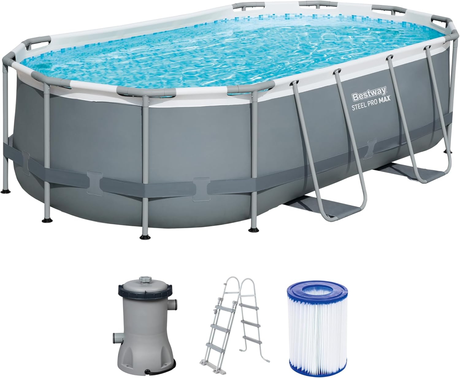 Bestway Power Steel Frame Pool Set mit Filterpumpe 427 x 250 x 100 cm, grau, oval