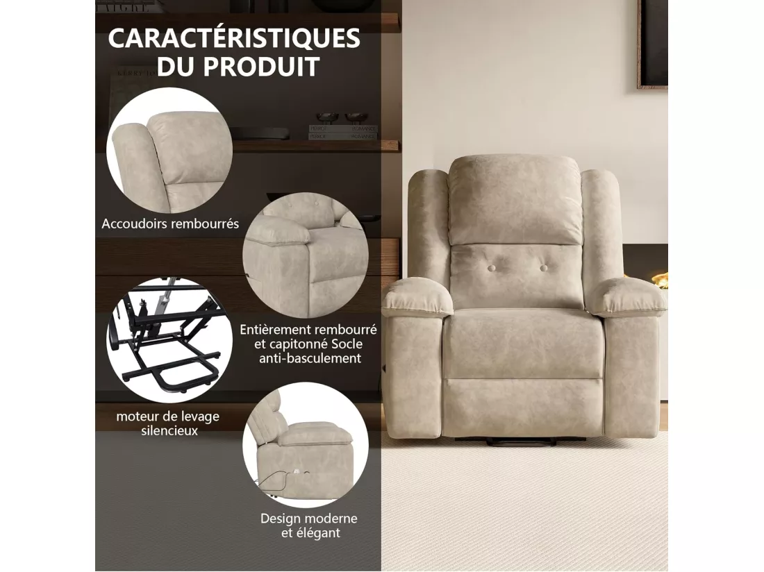 Fauteuil relax électrique en inclinable en Tissu - Girs - L93 x W102 x H106 cm - Gris 1