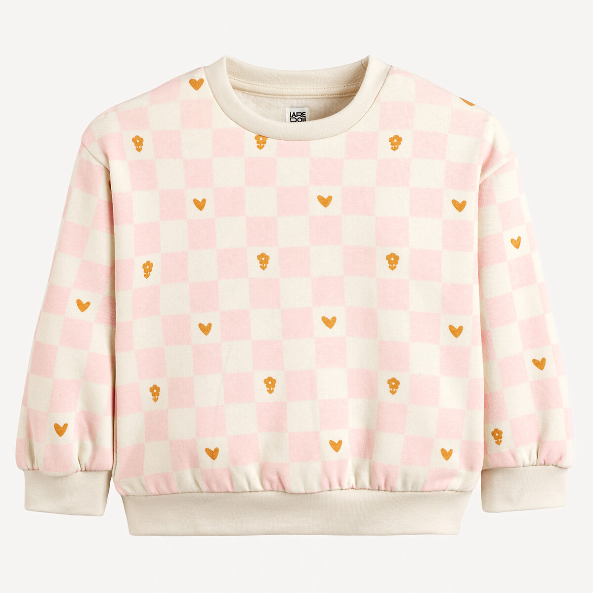 COLEÇÕES LA REDOUTE<br>Suéter com gola redonda, estampa xadrez e corações, em fleece