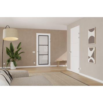 Arne & Bodil binnendeur ABB104 mat glas met blanke rand - extra wit afgelakt - glaslat diep zwart