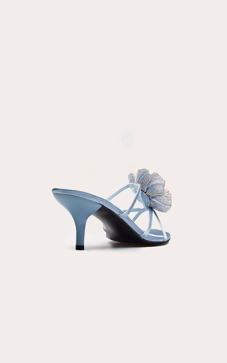 Bleu Layette Mule À Talon Chaton Ornée De Fleurs Perlées