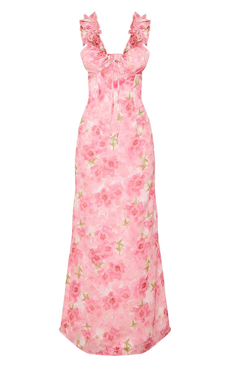 Rose Robe Maxi À Volants Avec Détail De Nœud Floral