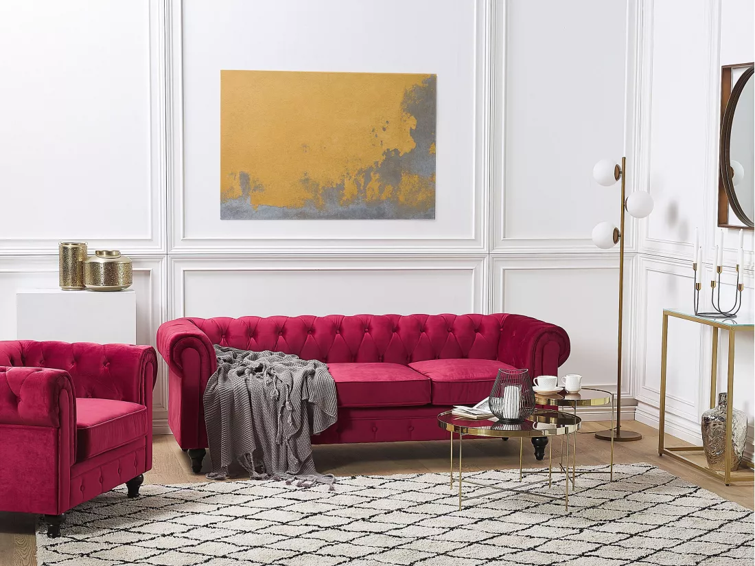 Ensemble canapé et fauteuil en velours rouge foncé 4 places CHESTERFIELD