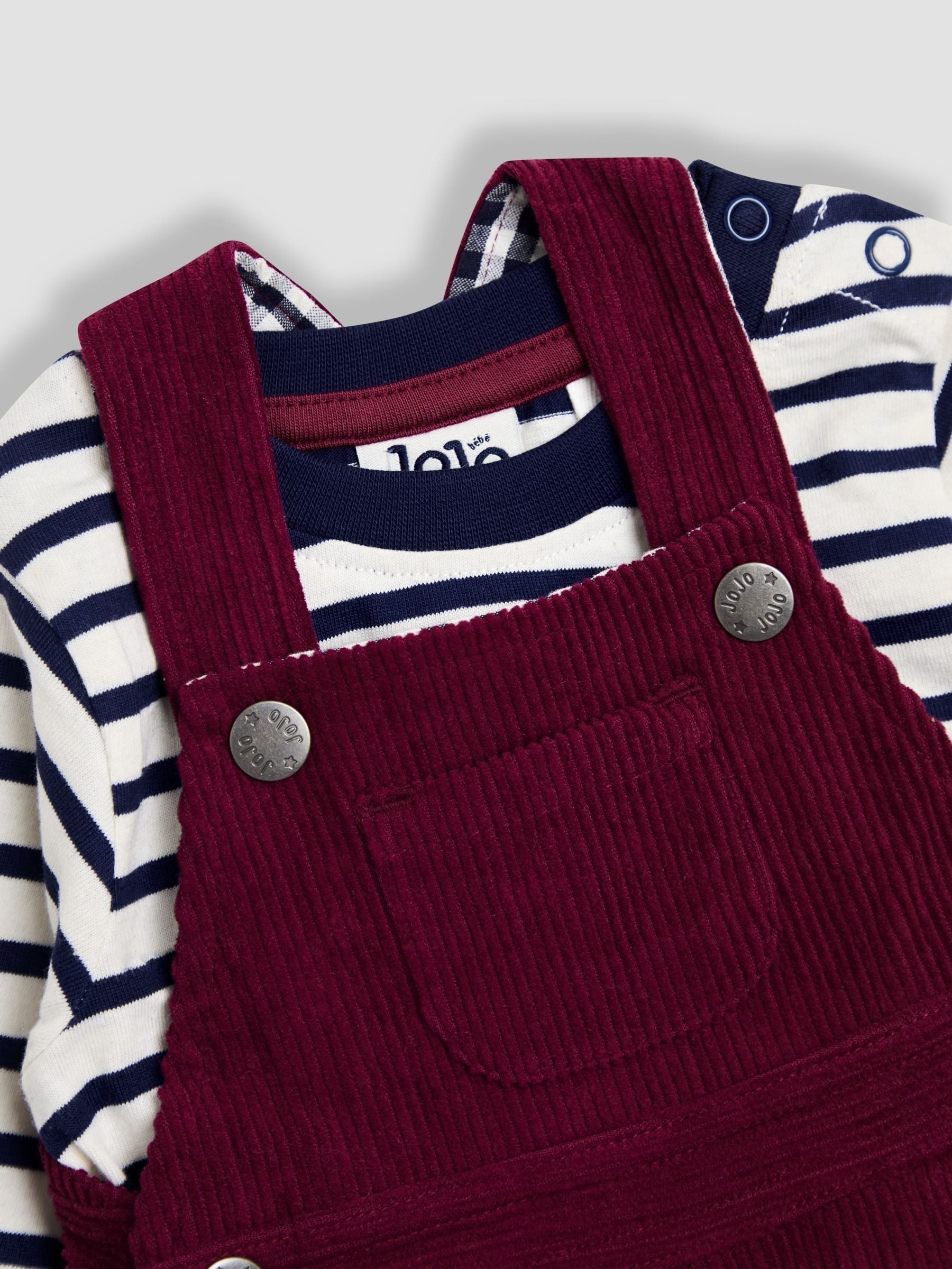 Bordeauxrood - JoJo Maman Bébé 2-delige set van klassieke corduroy bretelbroek en gestreepte top