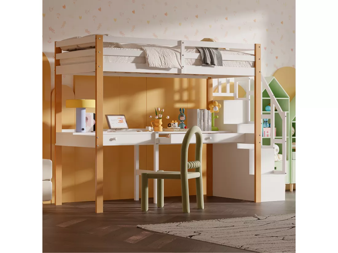 it superposé 90 x 200,lit mezzanine avec bureau,lit enfant avec escalier de rangement, garde-corps de sécurité,Blanc