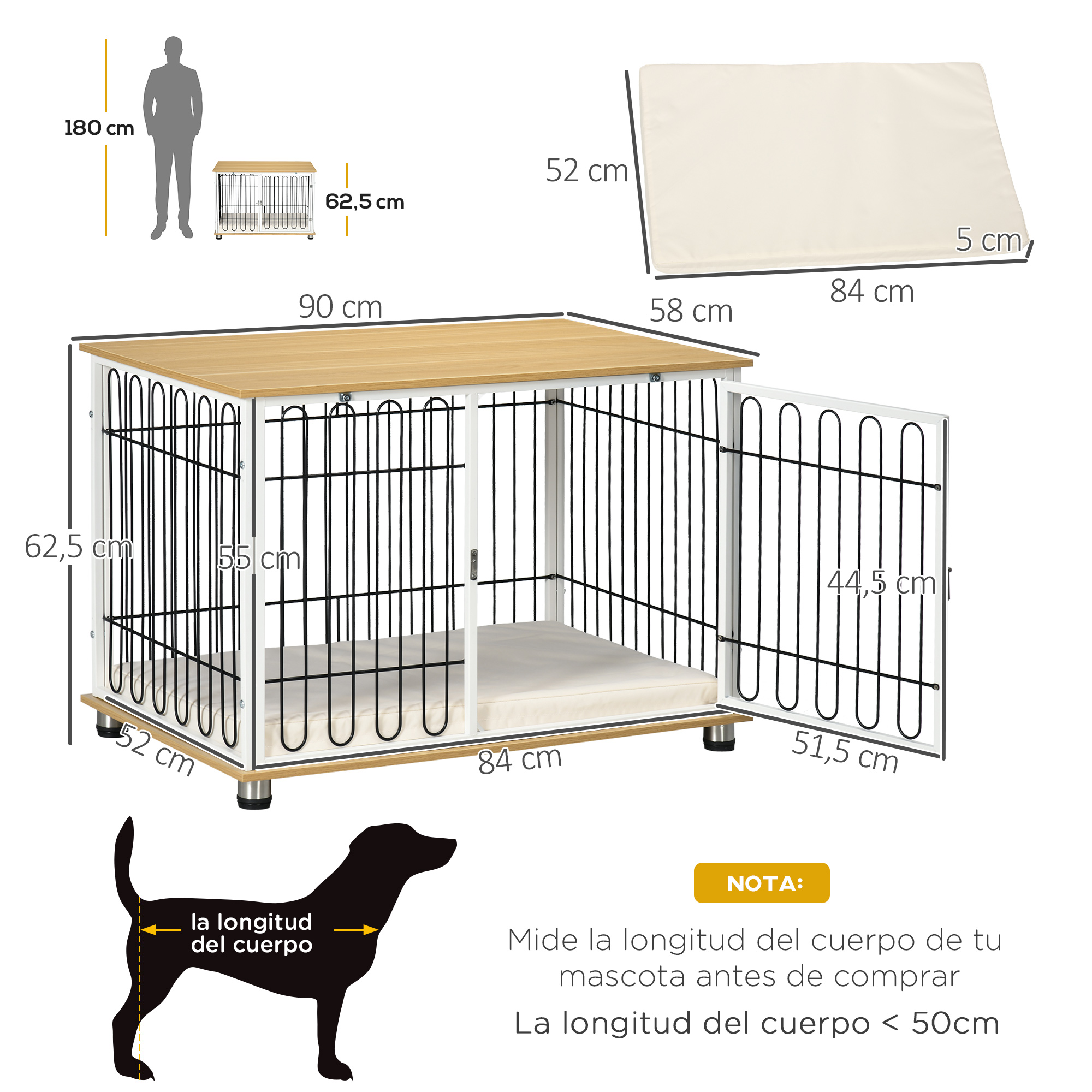 Gaiola para cães PawHut para uso doméstico, 90x58x62,5 cm, com mesa lateral, almofada lavável, porta com trava e grades de aço, cor carvalho.
