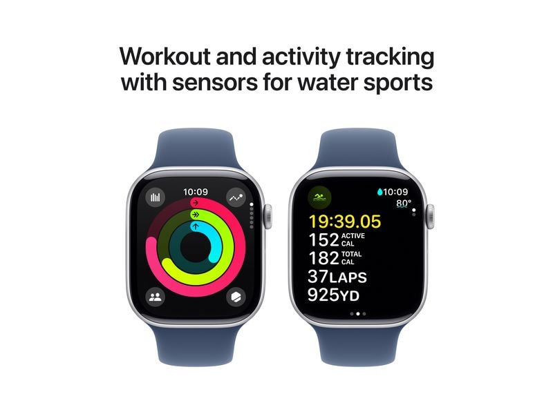 Apple Watch Series 10 46 mm Alu Silber Sport Denim M/L Eine glatte Zehn