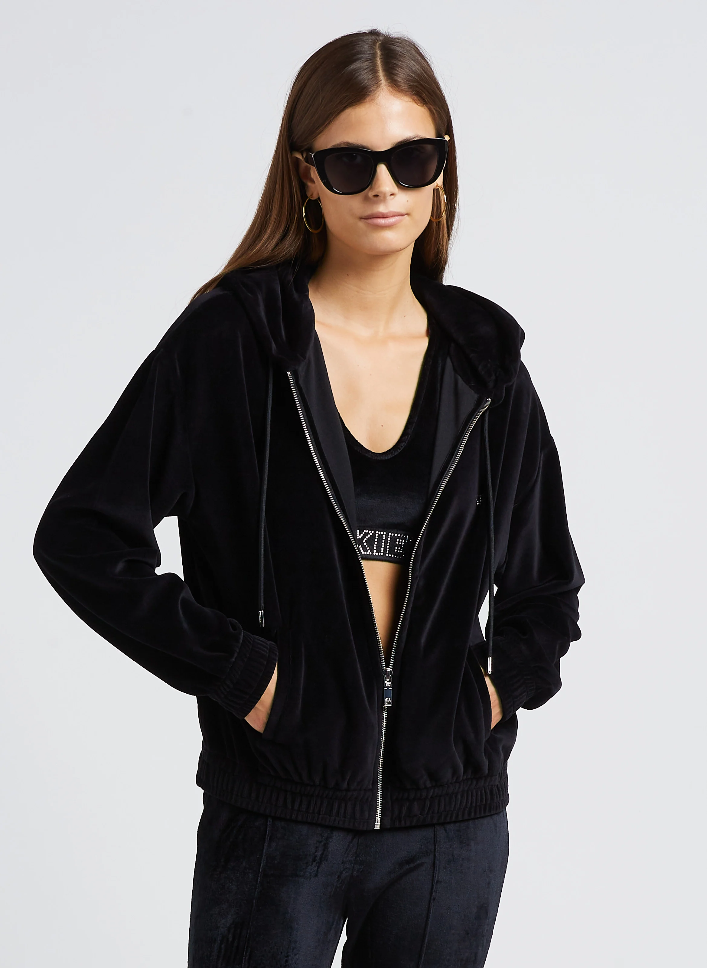 Sweat à capuche zippé en coton mélangé| Noir