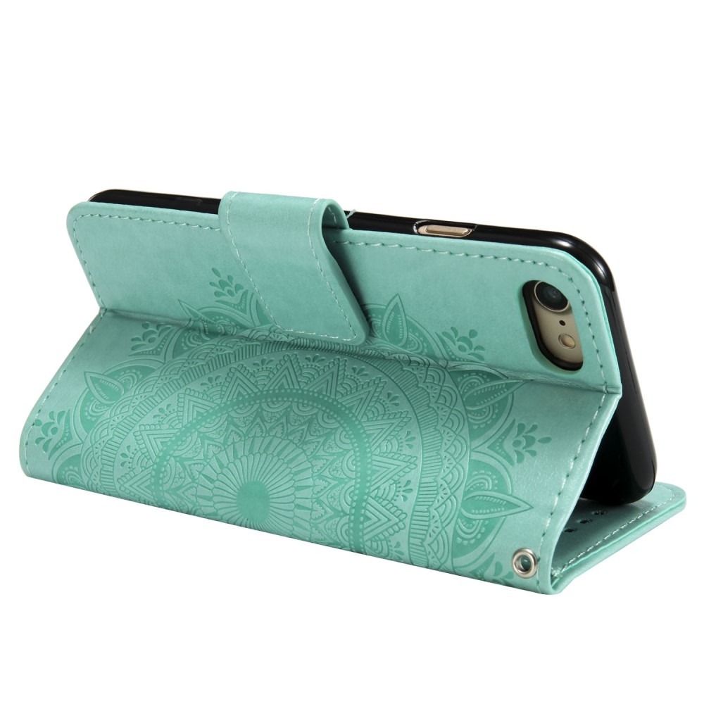 iPhone SE (2022/2020) / 8 / 7 / 6S Leder Tasche Wallet - Mandala Flowers Imprint - Türkis