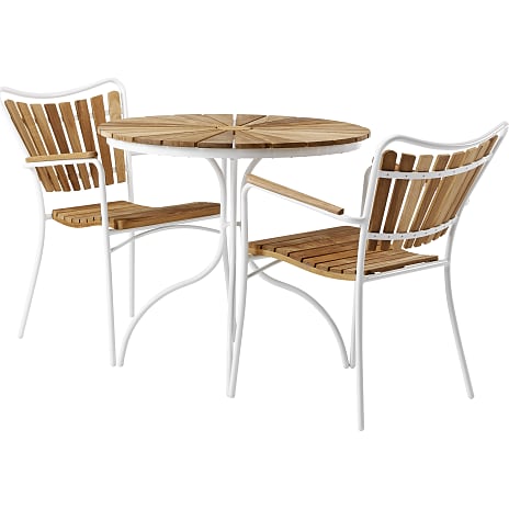 Kerteminde Ø80cm teak cafésæt med 2 stole - Teak/hvid
