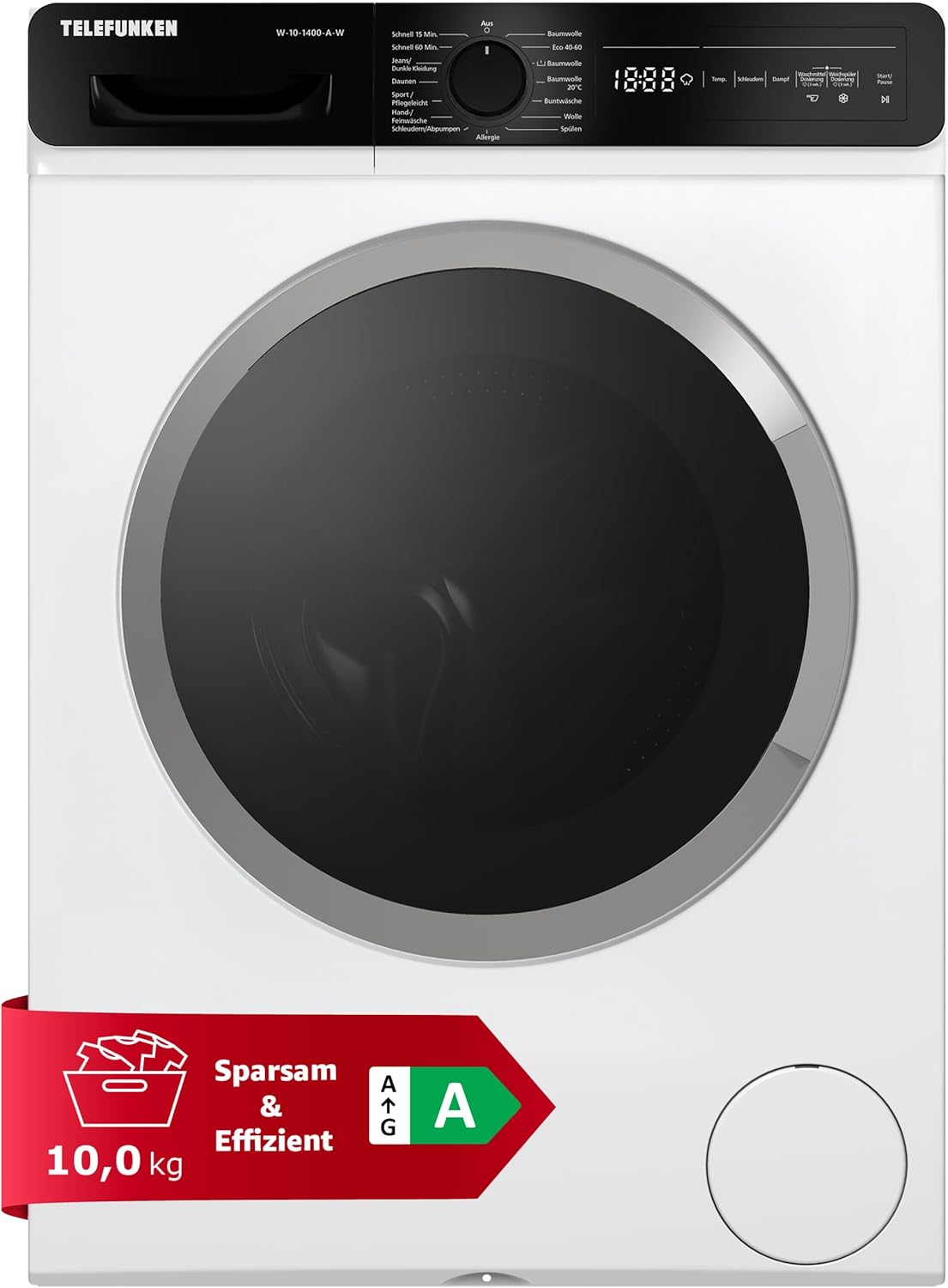 Telefunken Waschmaschine 10kg mit Dampffunktion | 1400 U/Min. | Automatische Waschmitteldosierung | Inverter Motor | AquaStop | Schontrommel | Washing Machine mit 15 Programmen | W-10-1400-A-W weiß