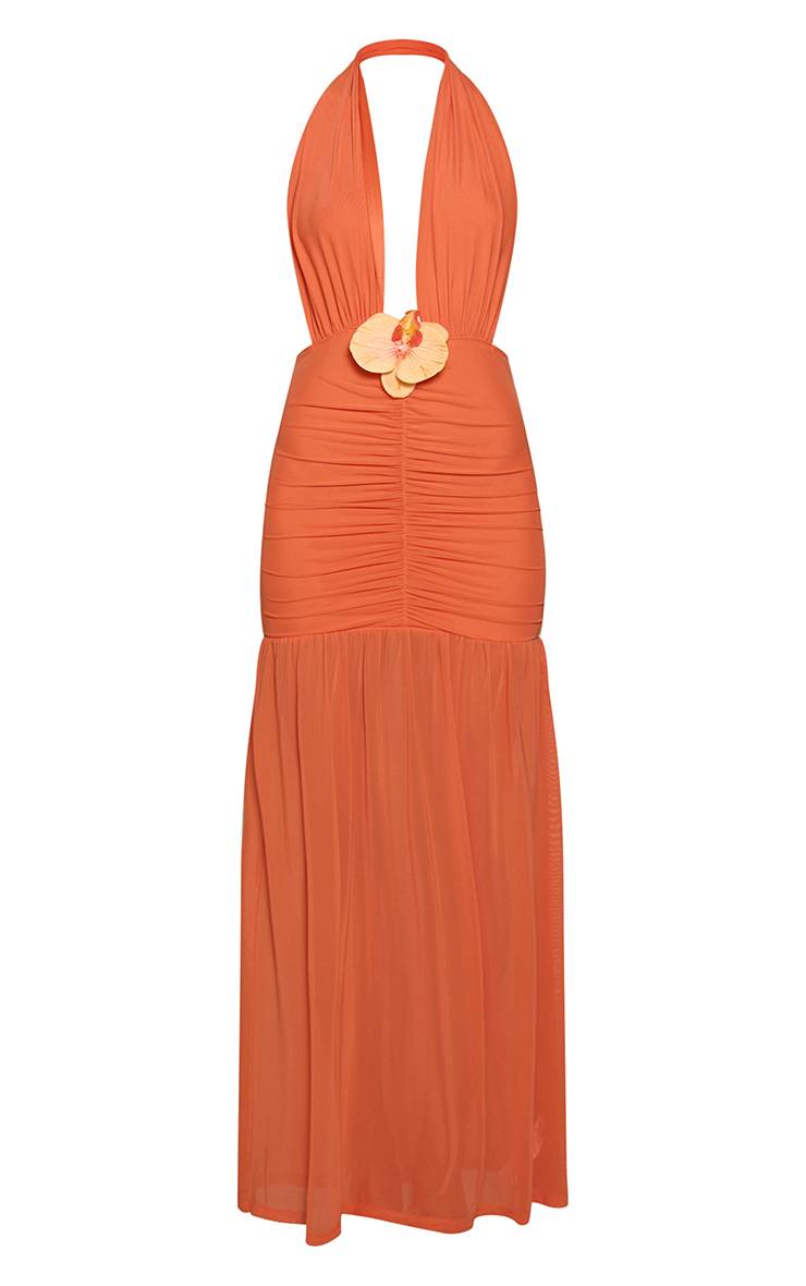 Bright Orange Robe Longue En Mousseline À Décolleté Plongeant Avec Détail Fleur